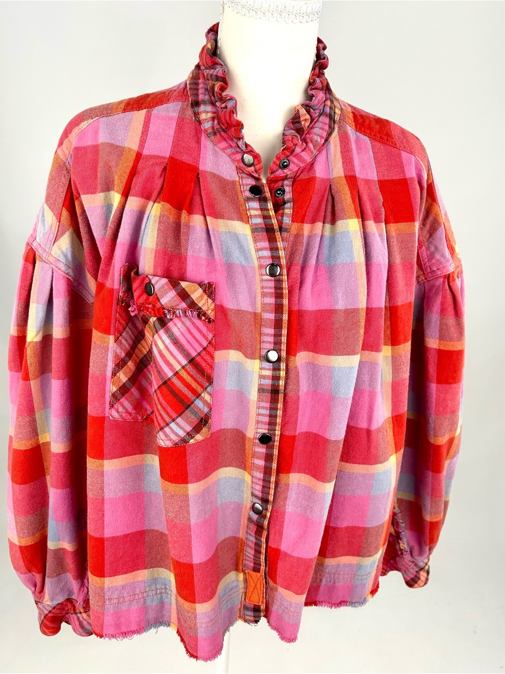 Free People We The Free Plaid Ruffle Collar Shacket Large Pink Red